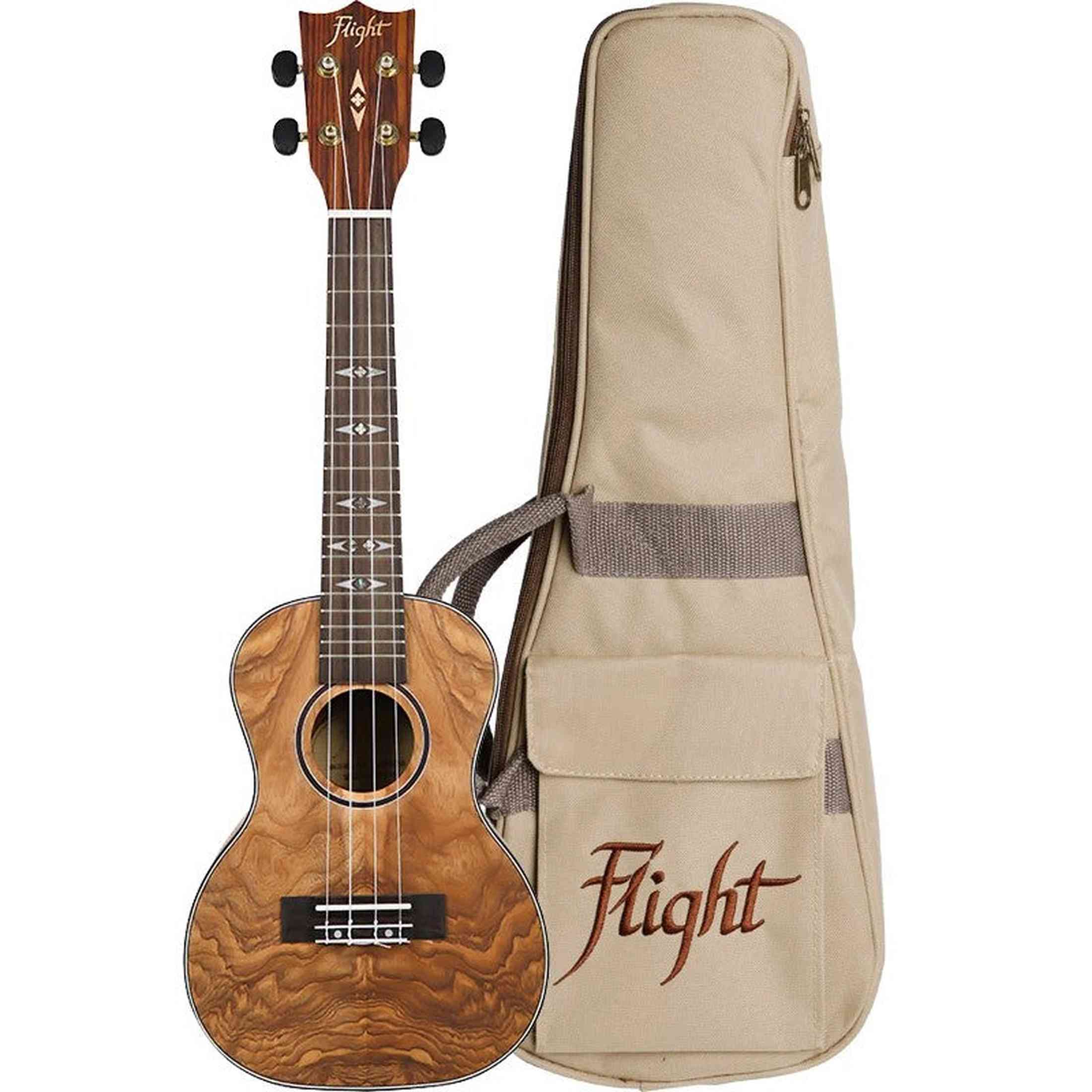 Flight DUC410 QA/QA Concert Ukulele met Quilted Ash Body, Bone Topkam en Aquila Super Nylgut Snaren