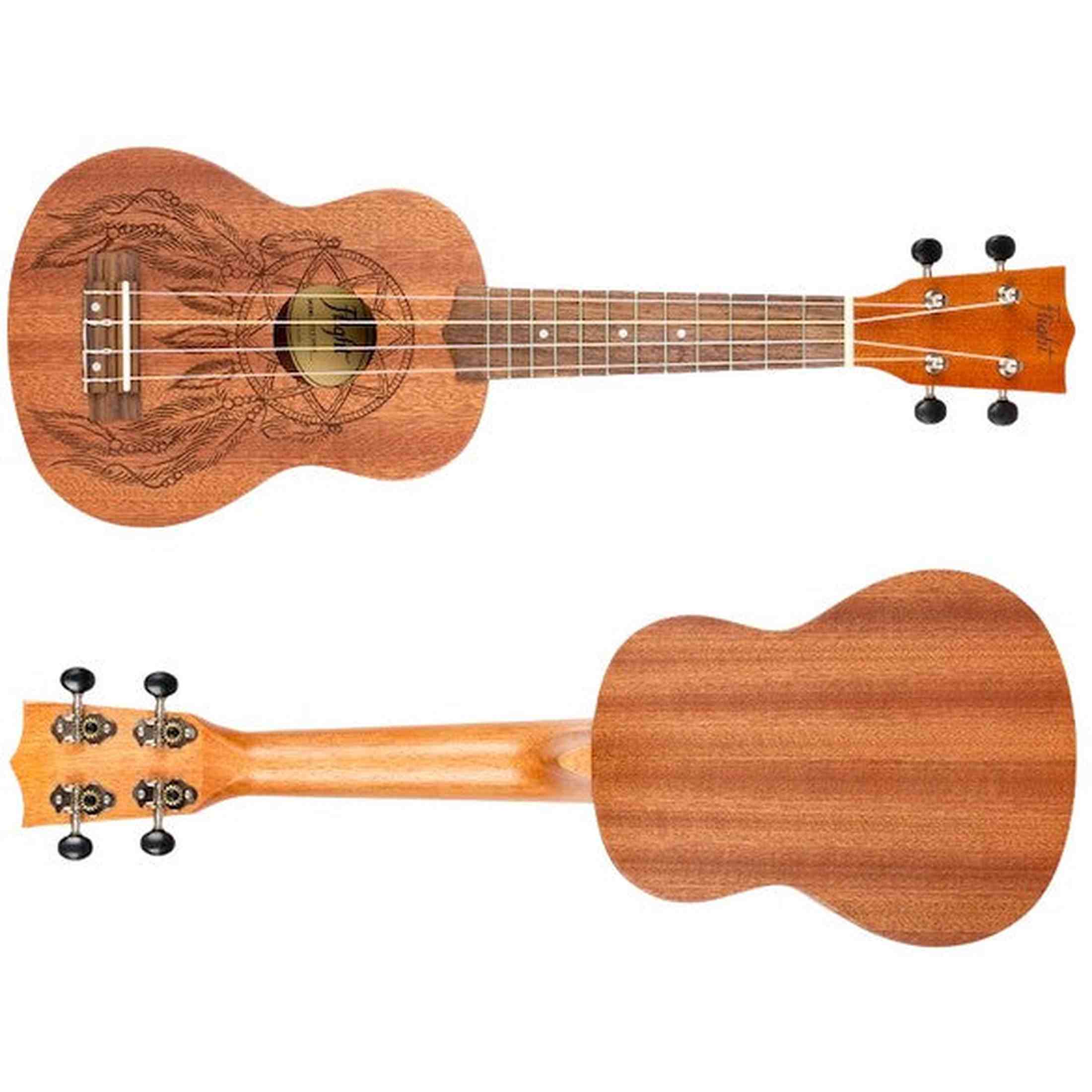 Flight NUS350 DC Soprano Ukulele met African Sapele Body, Dreamcatcher Lasergravure en Bone Topkam