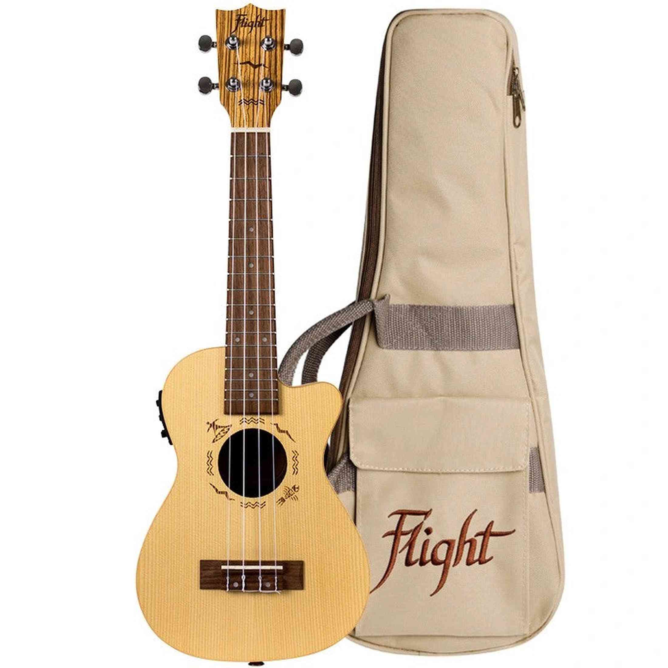 Flight DUC328 CEQ Elektrisch-Akoestische Concert Ukulele met Cutaway, Engelmann Spruce Top en Zebrawood Body