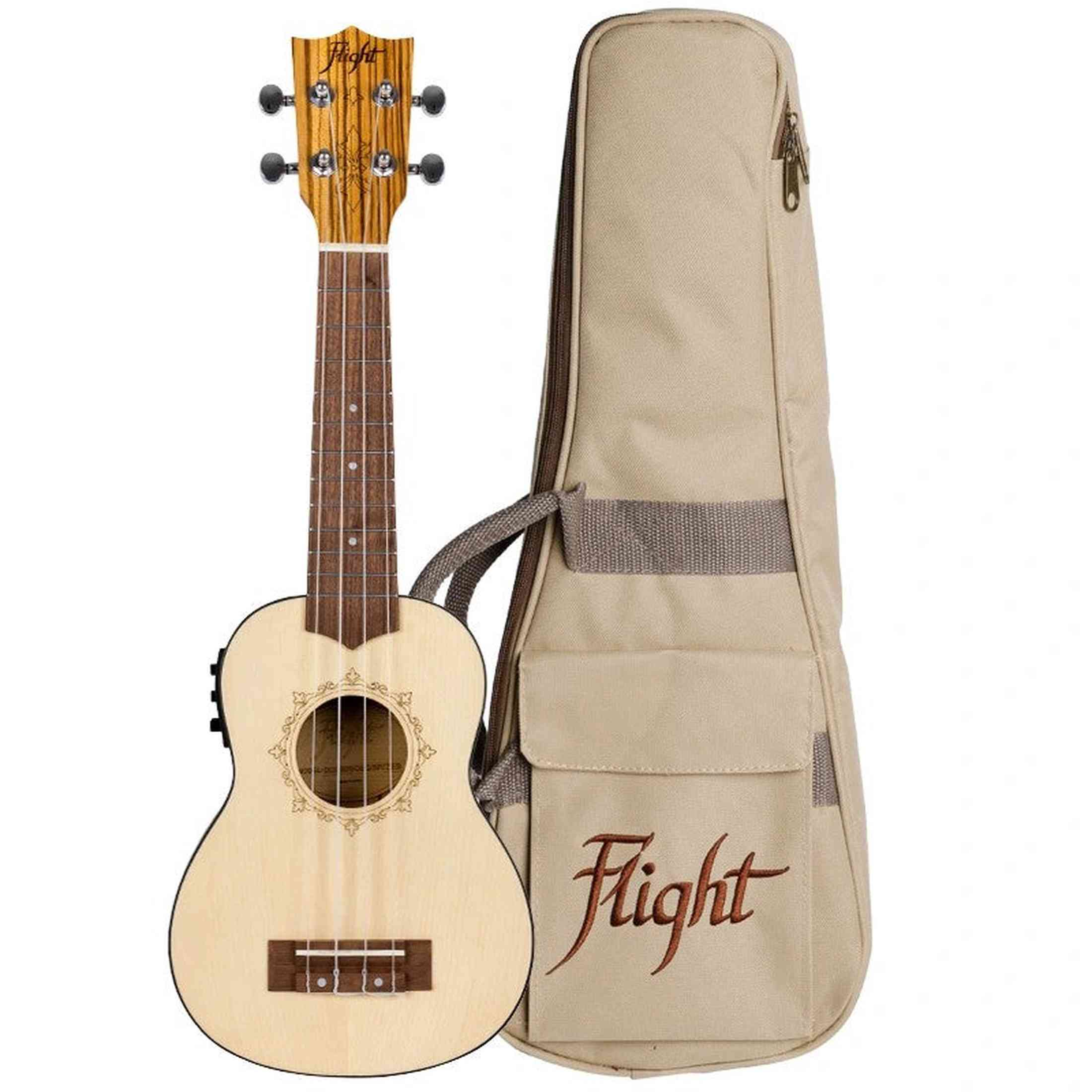 Flight DUS320 EQ SP/ZEB Soprano Ukulele met Spruce Top, Zebrawood Body en Ingebouwde Pickup met Tuner