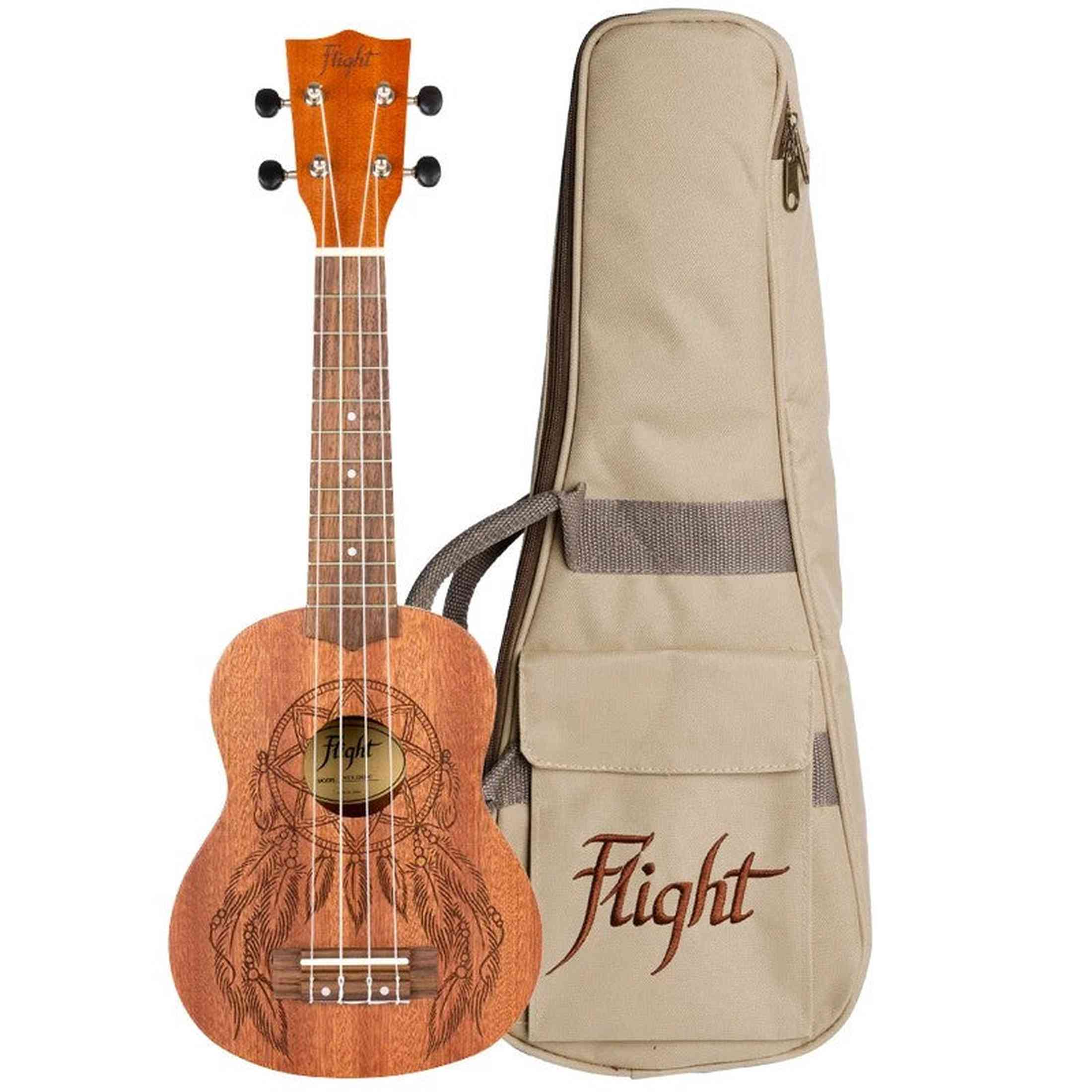 Flight NUS350 DC Soprano Ukulele met African Sapele Body, Dreamcatcher Lasergravure en Bone Topkam