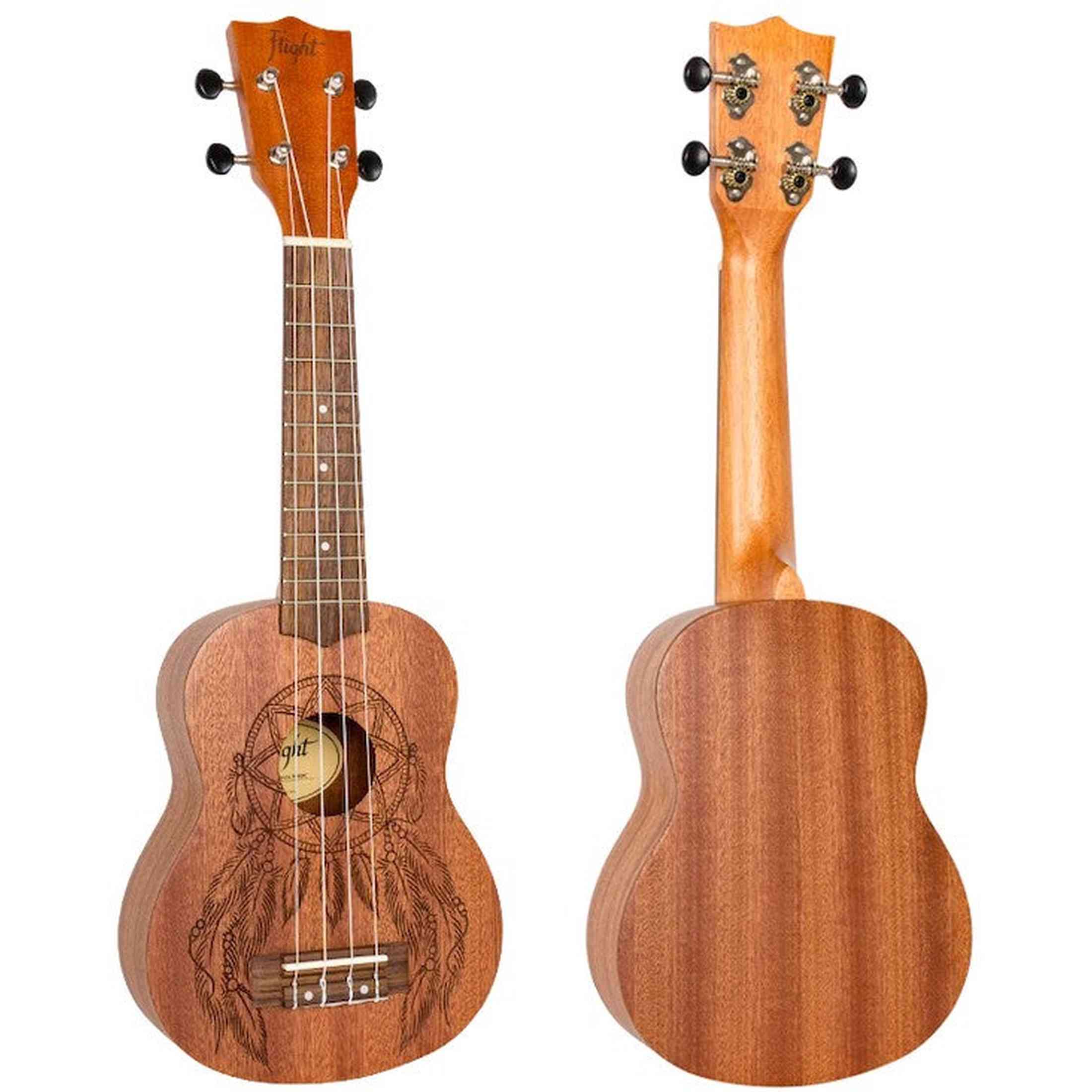 Flight NUS350 DC Soprano Ukulele met African Sapele Body, Dreamcatcher Lasergravure en Bone Topkam
