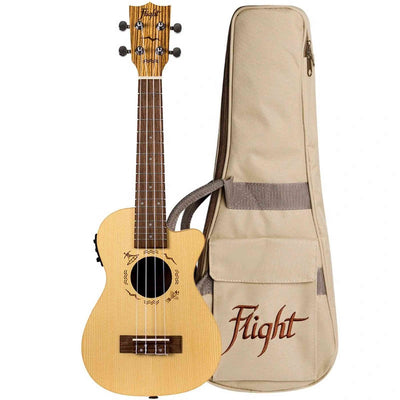 Flight DUC328 CEQ Elektrisch-Akoestische Concert Ukulele met Cutaway, Engelmann Spruce Top en Zebrawood Body