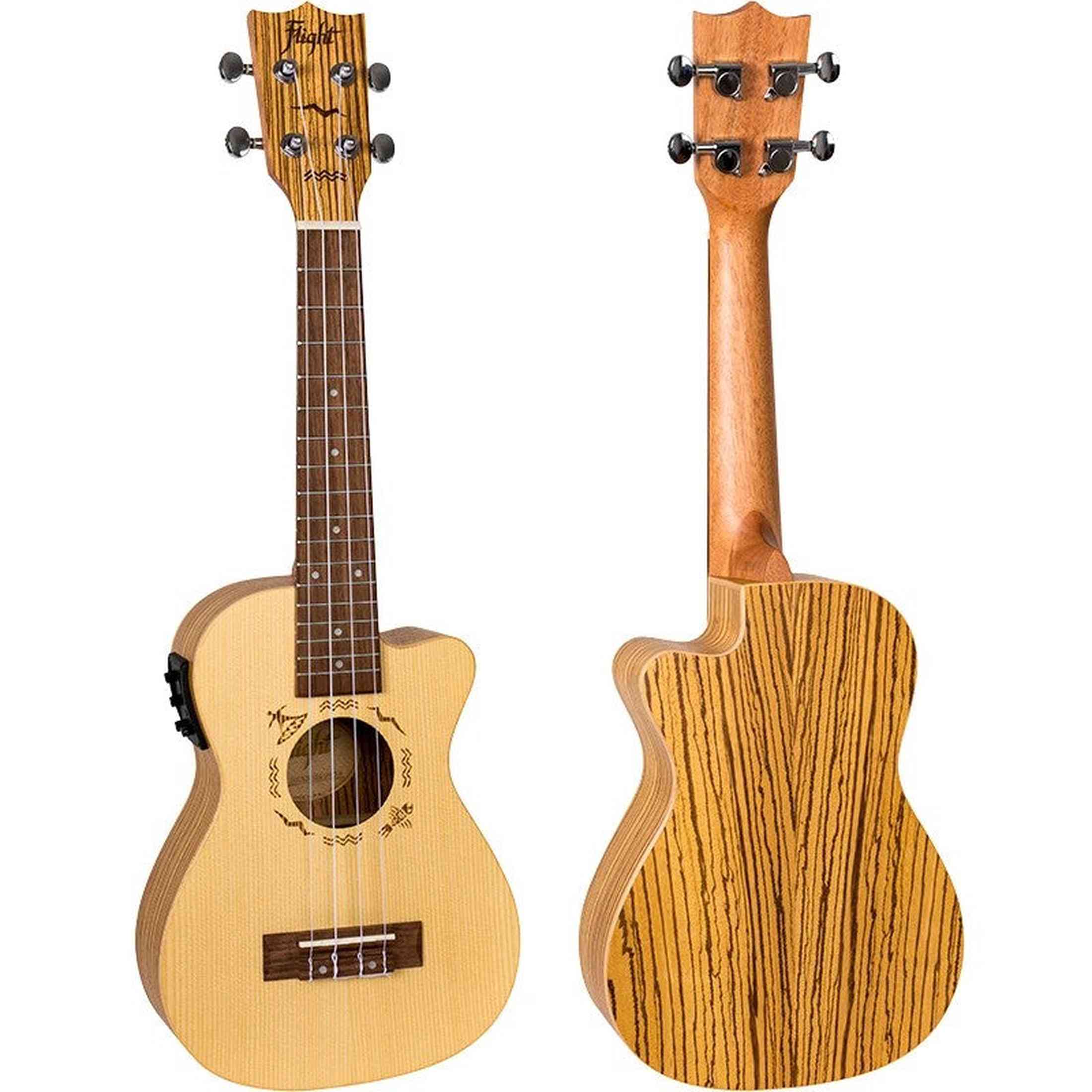Flight DUC328 CEQ Elektrisch-Akoestische Concert Ukulele met Cutaway, Engelmann Spruce Top en Zebrawood Body