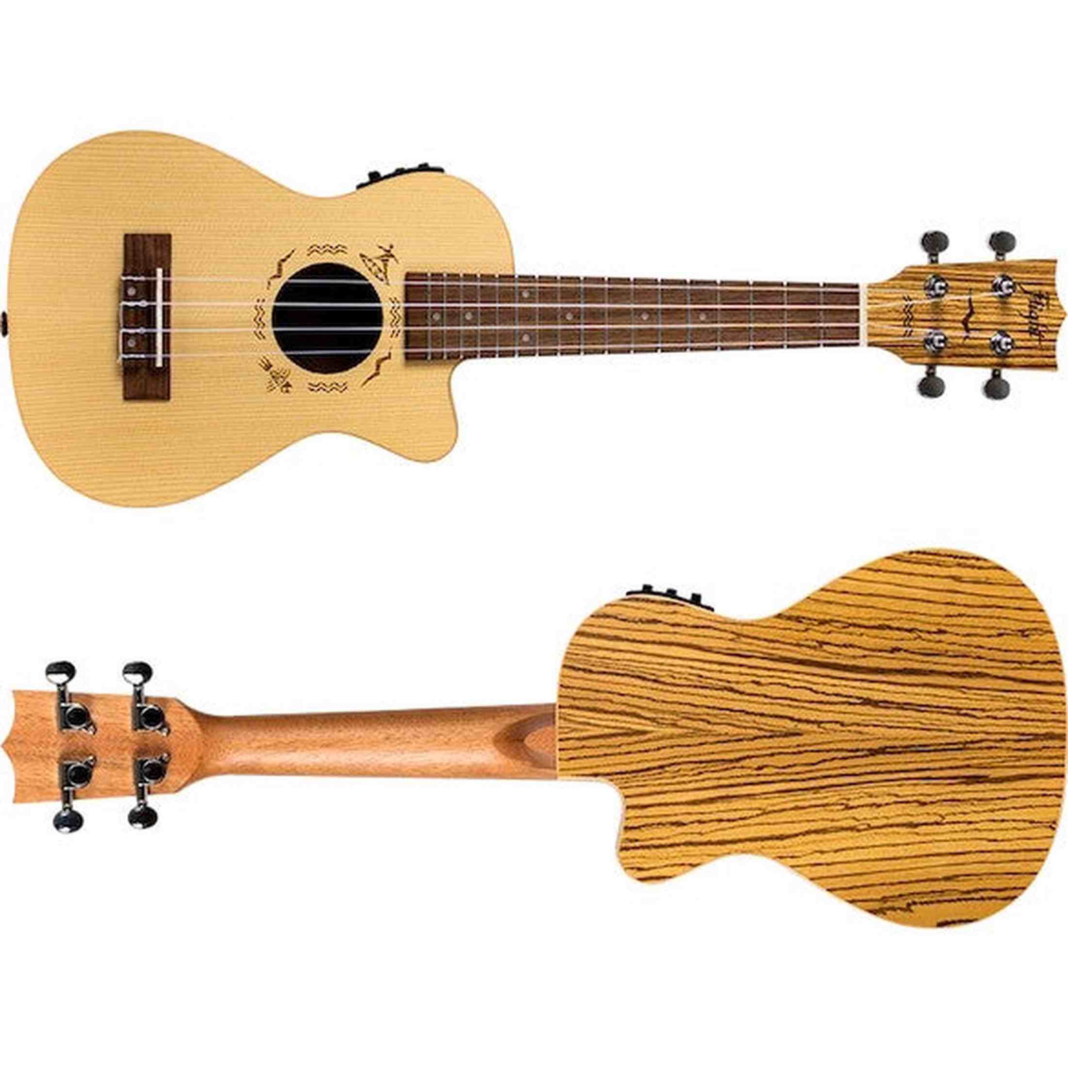 Flight DUC328 CEQ Elektrisch-Akoestische Concert Ukulele met Cutaway, Engelmann Spruce Top en Zebrawood Body