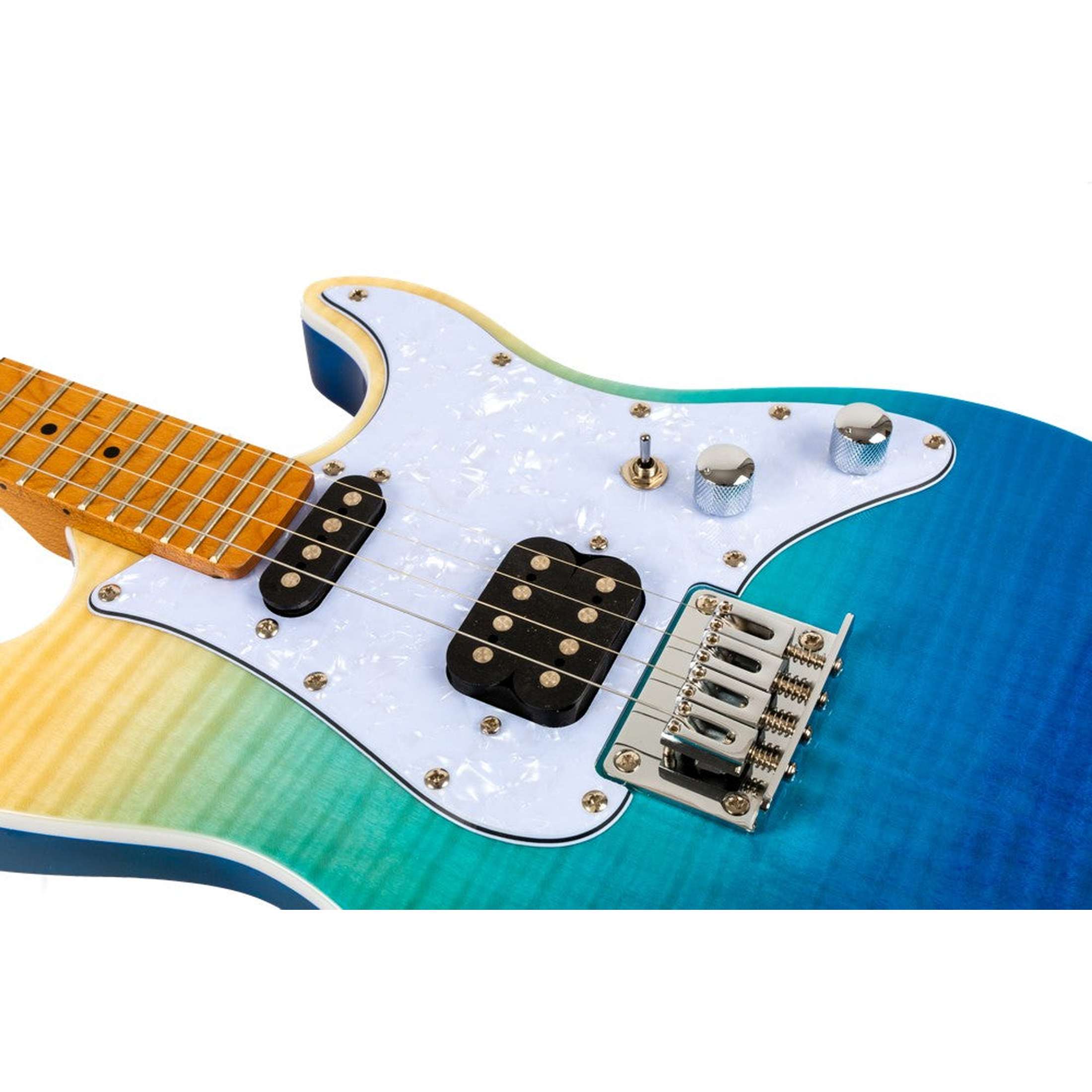 Flight Pathfinder Tenor TBL Elektrische Tenor Ukulele met Flame Maple Top en Transparent Blue Afwerking