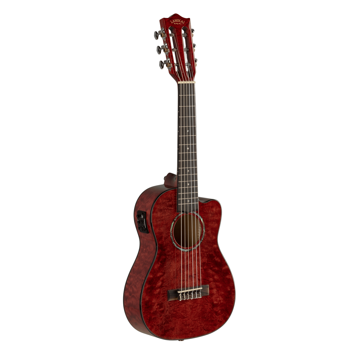 LANIKAI LKUQM-RDCEG Guitarlele, Quilted Maple Serie, Red, Cutaway, Preamp, Softcas